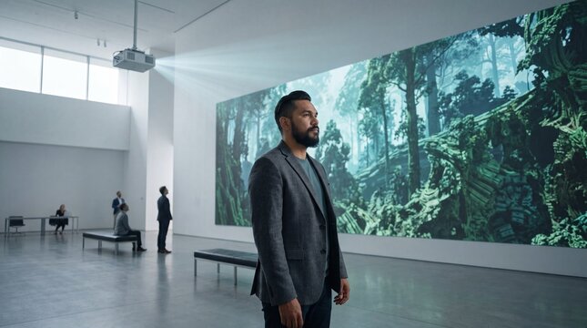 Modern art gallery experience, man observing large digital forest projection, contemporary museum exhibition, immersive visual display for cultural events