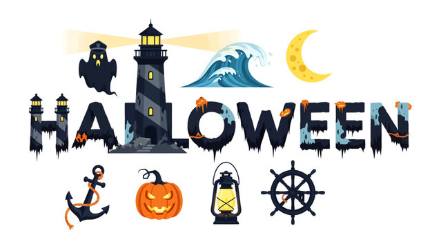 Spooky Nautical Halloween Alphabet: A whimsical collection of Halloween-themed graphic elements, including a lighthouse, ghost, waves, moon, anchor, jack-o'-lantern, and lantern.
