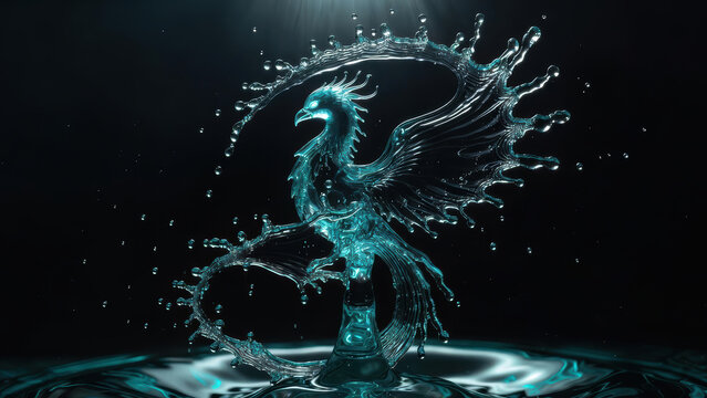 Black water phoenix sculpture on dark background with liquid overlay and dramatic lighting creating dynamic motion and elegant reflection