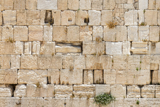 Detailed close-up texture of the historic ancient limestone blocks of the Western Wall in Jerusalem