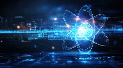 Fototapeta premium A digital abstract background featuring a glowing neon like atom symbol surrounded by motion lines data streams and other futuristic technological elements in shades of blue and orange