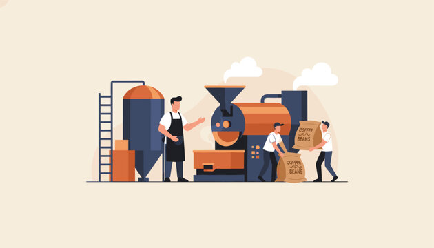Workers managing the production process in a coffee roasting factory with a large industrial roaster machine and sacks of beans.