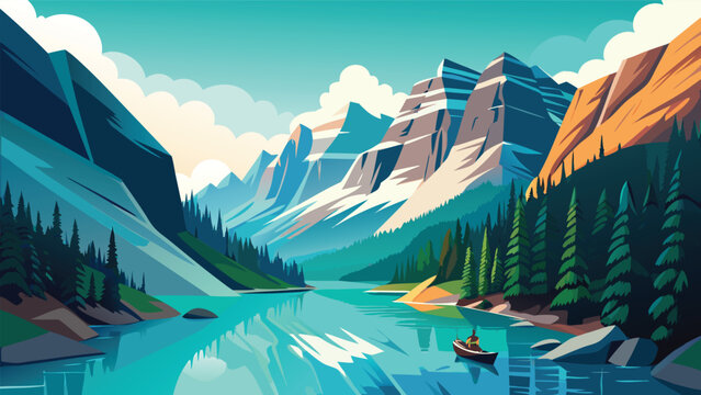 Serene mountain lake reflecting blue sky with a lone canoeist during a clear day in flat vector style