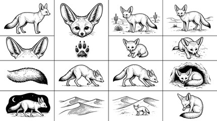 Obraz premium Fox illustrations showing various poses and features in black and white 