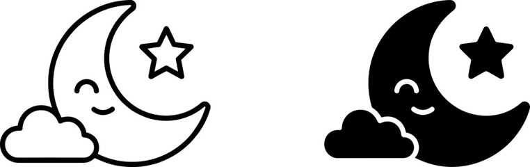 Cute moon and star night sky weather icons with soft cloud outlines and solid black shapes crescent celestial astronomy silhouette environment isolated © Dhriti Roy