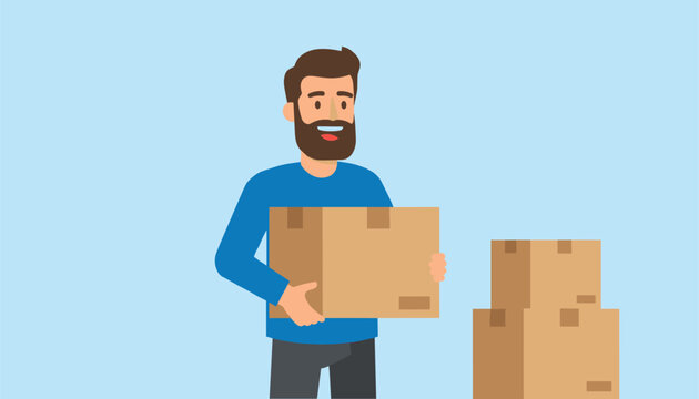 Happy bearded man carrying a cardboard box next to a stack of packages, celebrating moving into a new home or delivery.