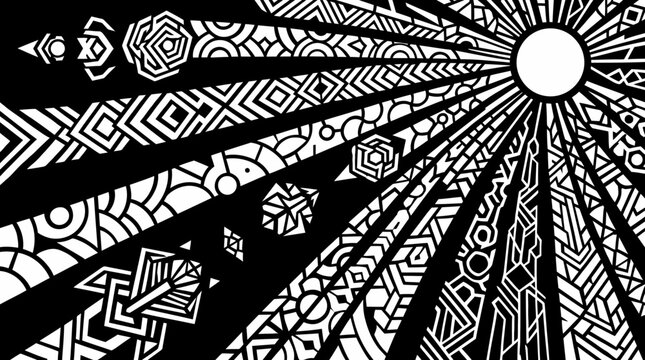 Sfondo astratto in bianco e nero con motivi geometrici tribali e raggi solari che emanano da un cerchio centrale, creando un design grafico moderno e dinamico per progetti creativi.