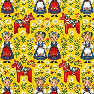 Scandinavian Folk Pattern With Dala Horse and Girls in Traditional Dresses on Yellow