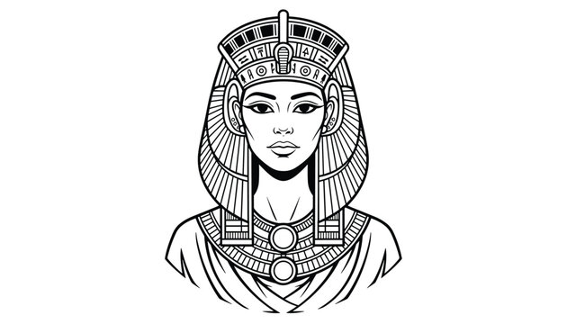 Black and white line art portrait of a beautiful ancient Egyptian queen wearing a royal crown and an ornate collar necklace.