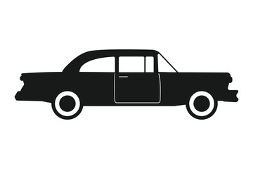 Fototapeta premium A black silhouette shows a classic American sedan. The vintage automobile has distinct lines, visible door detail, and iconic white wall tires.