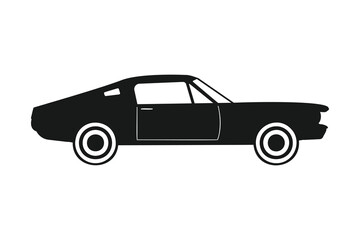 Obraz premium A black silhouette depicts a classic car from the 1960s. The vintage American muscle car profile stands out on a stark white background.