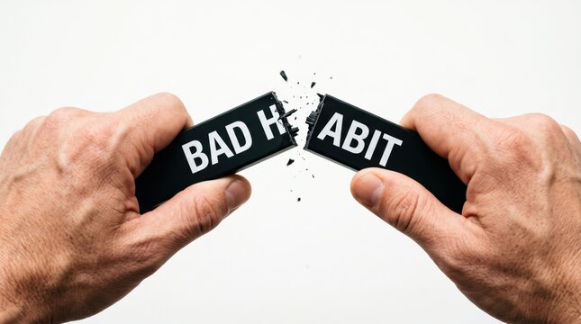 Hands breaking a black bar labeled "BAD HABIT," symbolizing overcoming negative behaviors and personal improvement.
