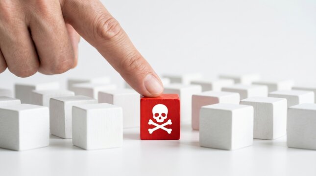 A finger points to a red cube with a skull and crossbones symbol among many white cubes, symbolizing danger or toxicity in a group.