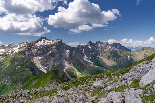 view of the Valuena Valley and the mountain peaks iof the alps in Liechtenstein