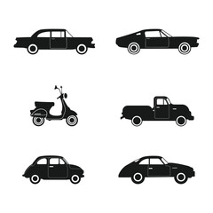 Naklejka premium A collection of six distinct black retro vehicle silhouettes displayed on a clean white background.