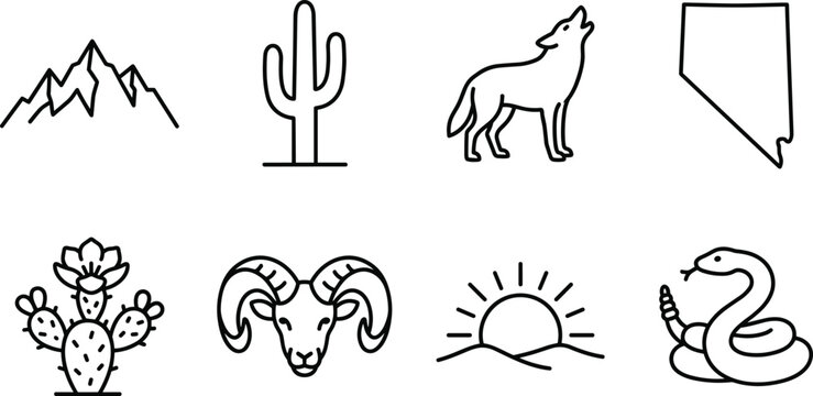 Desert landscape icons with mountains cactus coyote Nevada outline ram sunset snake