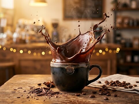 Closeup of hot chocolate or coffee splash in a rustic mug on wooden table with beans