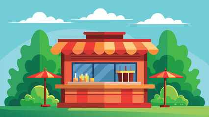 Obraz premium Summer refreshment stand with umbrellas and trees in a park setting vector illustration