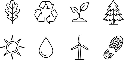 Eco friendly icons including leaf sun droplet plant recycling symbol tree and wind turbine for nature concepts © Mdjillur