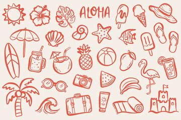 Hand drawn summer tropical doodle icon set in minimal line style. Collection with beach elements, fruits, drinks, travel objects and aloha lettering. Perfect for packaging, stickers, posters and summe © Colomba Rossa