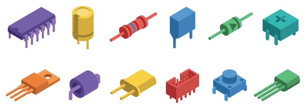 Electronic components icons set. Circuit board parts and microchips concept. Includes integrated circuit, capacitor, resistor, diode, transistor, connector, push button. Isometric flat
