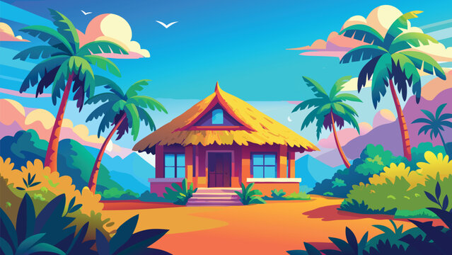 Tropical bungalow with palm trees in vibrant sunset light vector illustration