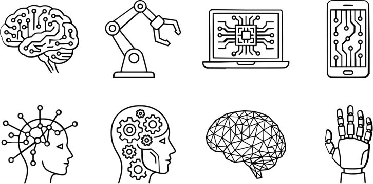 Artificial intelligence vector icons set with brain, robot, laptop and smartphone illustrations for technology and innovation design