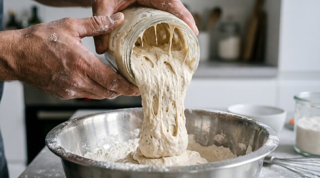 Baker pouring sourdough starter into bowl, Active sourdough starter being added to flour