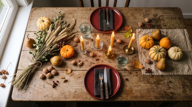 Autumn harvest table seasonal produce candles rustic gratitude gathering warm natural light