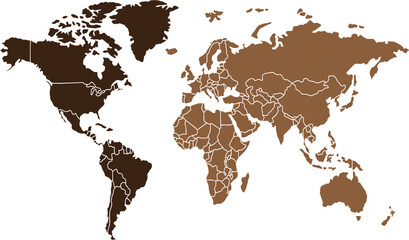 Brown Political World Map with All Country Borders and Continents Isolated on White Background © Sbibi