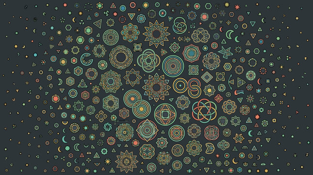 Sfondo astratto con una collezione di simboli geometrici, icone mandala e forme ornamentali in stile etnico disposte su una superficie scura con colori pastello vintage.