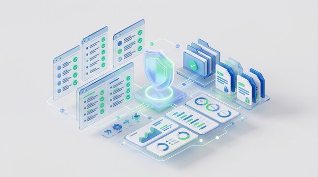 Isometric business data analytics and dashboard interface