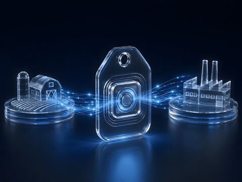 Digital tag icon connecting farm and factory with glowing blue lines, supply chain traceability and smart industry concept