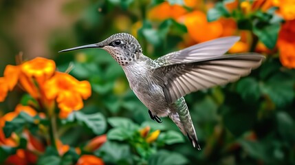 Fototapeta premium Hummingbird in Flight Near Orange Flowers