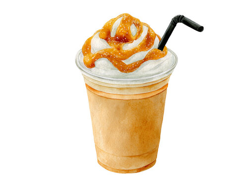Caramel latte watercolor clipart for cafe menu design.