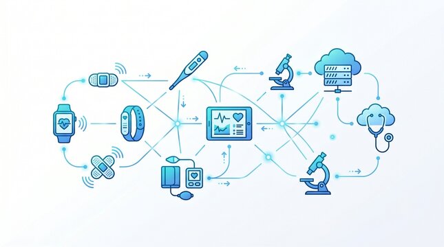 Digital health technology and medical data network icons