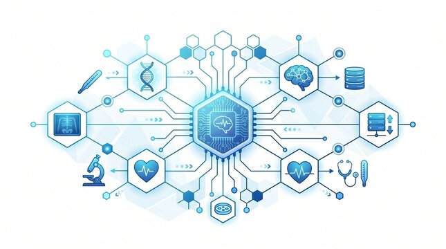 Digital medical technology network with science icons