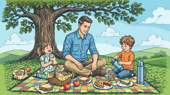 Illustrazione colorata di un padre che fa un picnic all'aperto con i suoi due figli piccoli sotto un grande albero in una giornata di sole in campagna