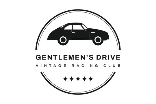 A monochrome logo features a black silhouette of a retro coupe car inside a double circle design.
