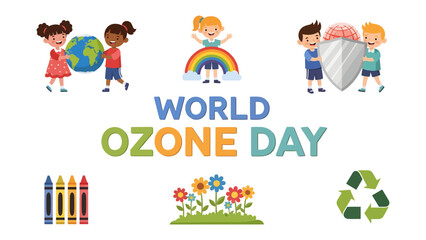 Fototapeta premium World Ozone Day Celebration: A vibrant illustration depicting children holding the Earth, standing under a rainbow, and protecting a brain with a shield, alongside crayons, flowers.
