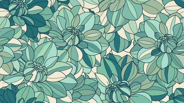 Elegante motivo floreale senza soluzione di continuit&agrave; che presenta dalie stilizzate in delicate tonalit&agrave; di verde acqua, menta e beige, perfetto per sfondi decorativi e design tessili.