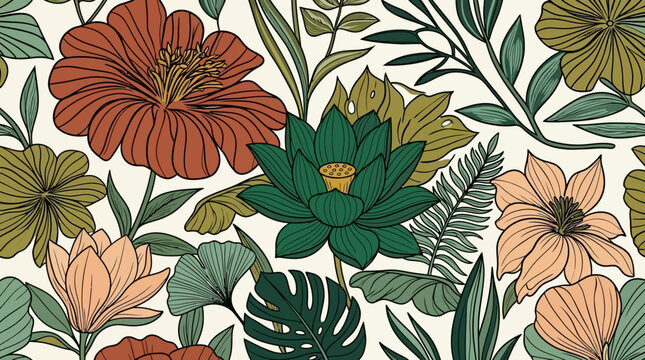 Un motivo floreale senza soluzione di continuit&agrave; con illustrazioni stilizzate di fiori e foglie tropicali in tonalit&agrave; terrose e vintage, perfetto per sfondi e design tessili.