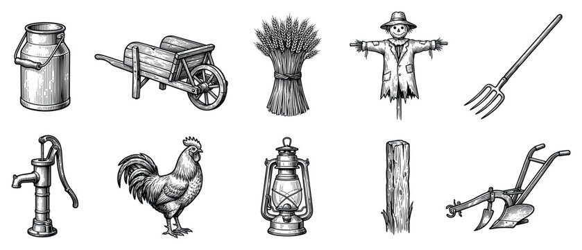 Farm and agriculture icons set. Rural life and harvesting concept. Includes milk can, wheelbarrow, wheat sheaf, scarecrow, pitchfork, water pump, rooster, lantern, wooden post, plow