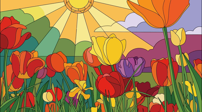 Illustrazione vibrante di un campo fiorito con tulipani colorati e altri fiori primaverili sotto un sole radioso in un cielo multicolore, evocando la gioia della natura.