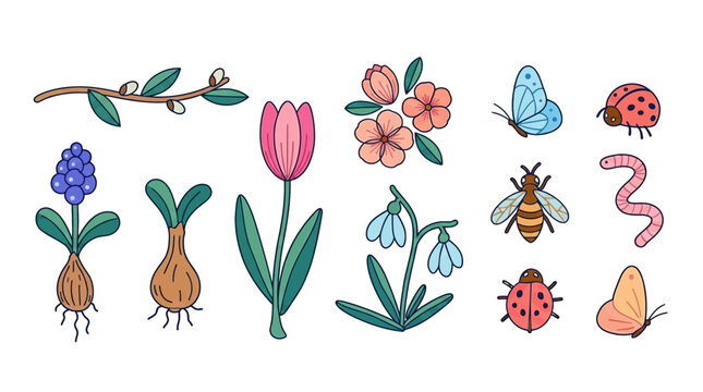 Una collezione di illustrazioni primaverili disegnate a mano, con fiori colorati come tulipani e bucaneve, e insetti vivaci tra cui farfalle, coccinelle e api, su sfondo bianco.