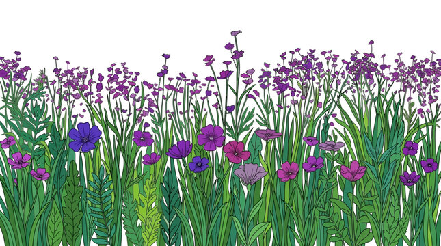 Illustrazione vettoriale di un bordo floreale vibrante con fiori viola e lilla e foglie verdi lussureggianti, ideale per design primaverili ed estivi su sfondo bianco.