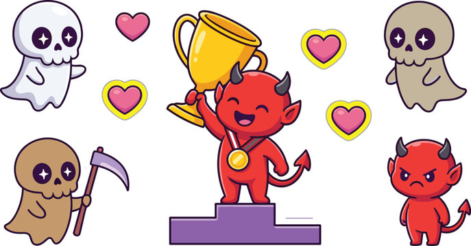 Cute Devil and Ghost Character Collection Vector Set with Trophy Winner Demon Hearts Skulls and Halloween Cartoon Illustrations