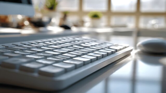 Close Up White Keyboard on Desk in Bright Modern Office