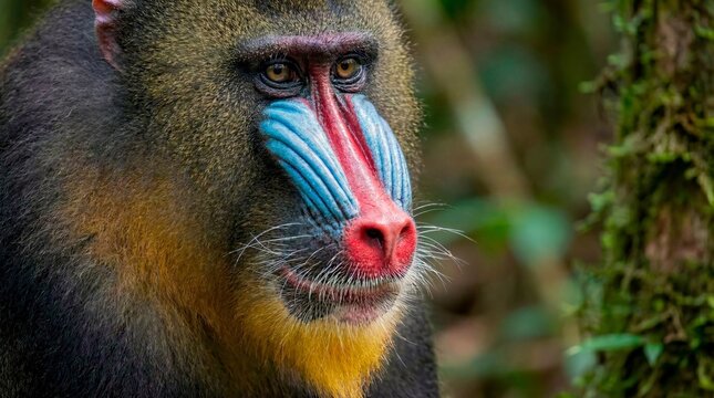 Close-up portrait of a colorful male mandrill monkey in a natural forest environment background