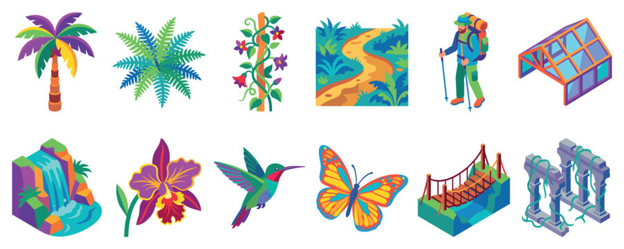 Jungle adventure icons set. Tropical forest exploration concept. Includes palm tree, fern, flowering vine, jungle path, hiker, greenhouse, waterfall, orchid, hummingbird, butterfly, rope